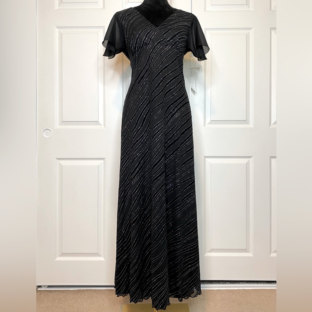 VTG Royal Fashion Black Velvet & Glitter Stripes Evening Gown Flutter Sleeve